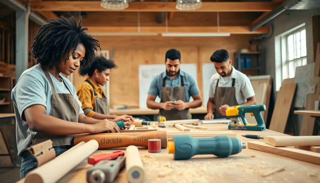 Engaged apprentices learning hands-on skills in a carpentry apprenticeship program.