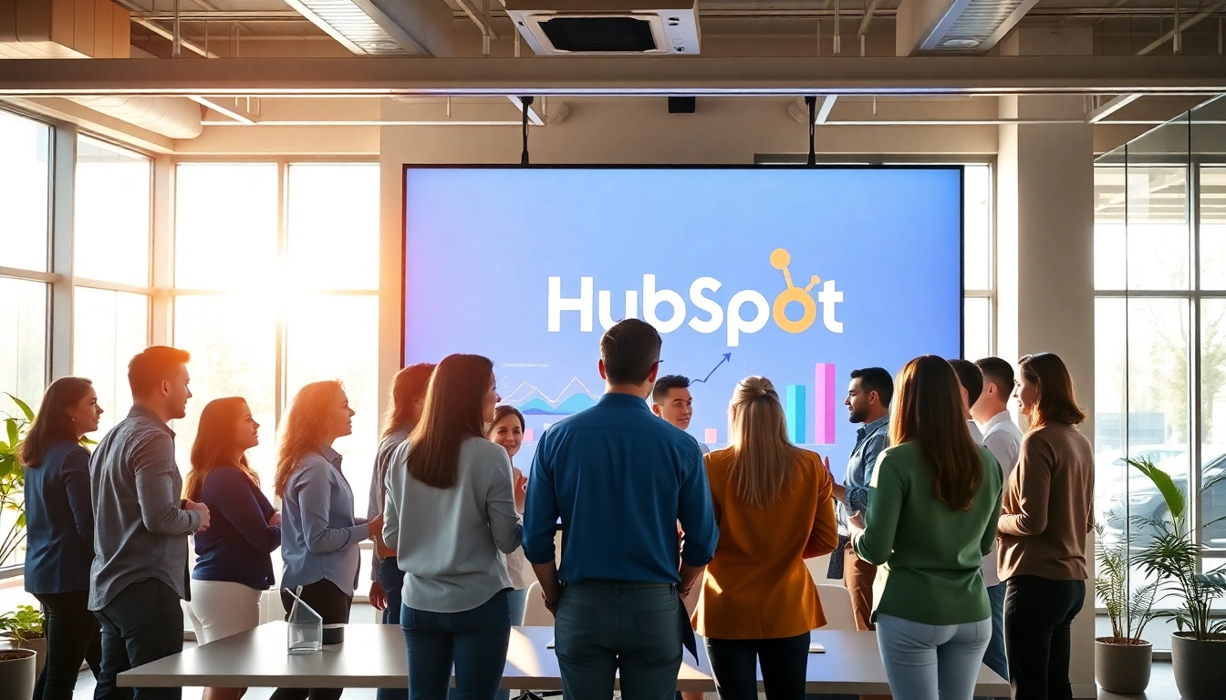 Marketing team brainstorming strategies at an agencia hubspot setting in a modern office.