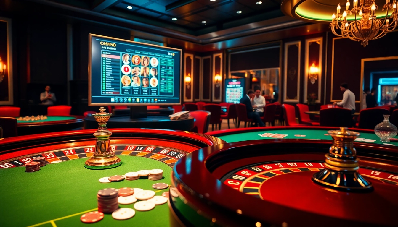 Joueurs profitant d'un jeu passionnant dans un casino en ligne fiable, avec une table de roulette colorée et des jetons de poker.