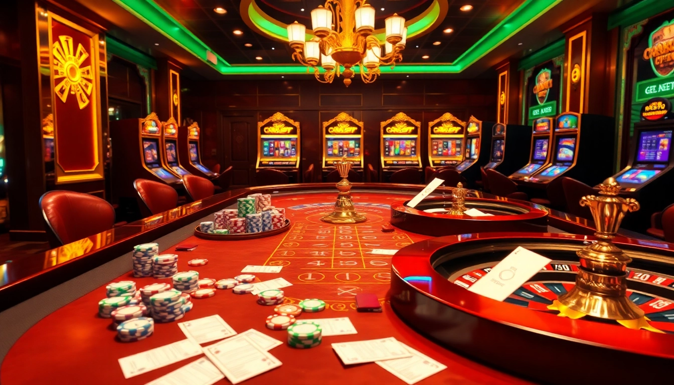 Une scène de casino en ligne luxueuse mettant en avant une table de casino en ligne fiable, des jetons de poker et des machines à sous.