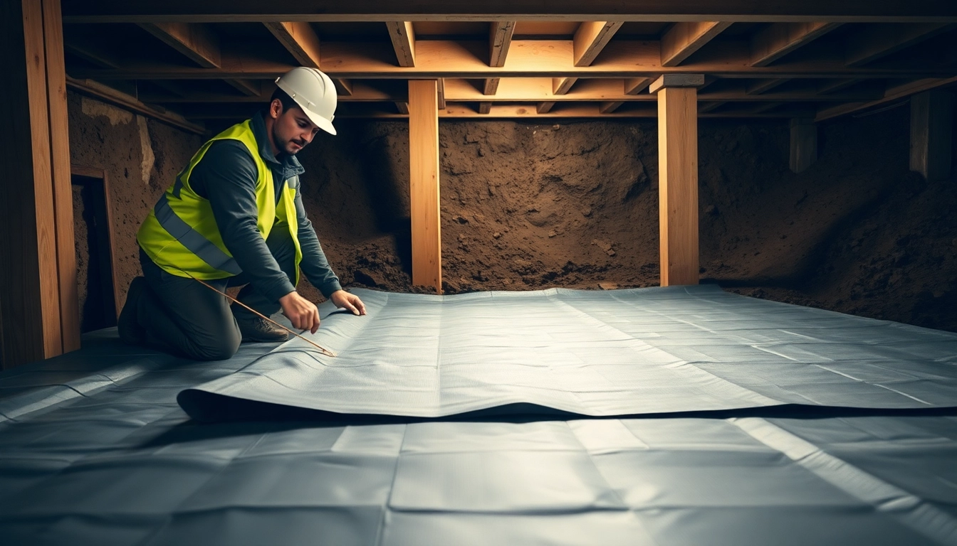 Vapor Barrier Installation by a contractor in a crawlspace, focusing on precise layering for effective moisture control.