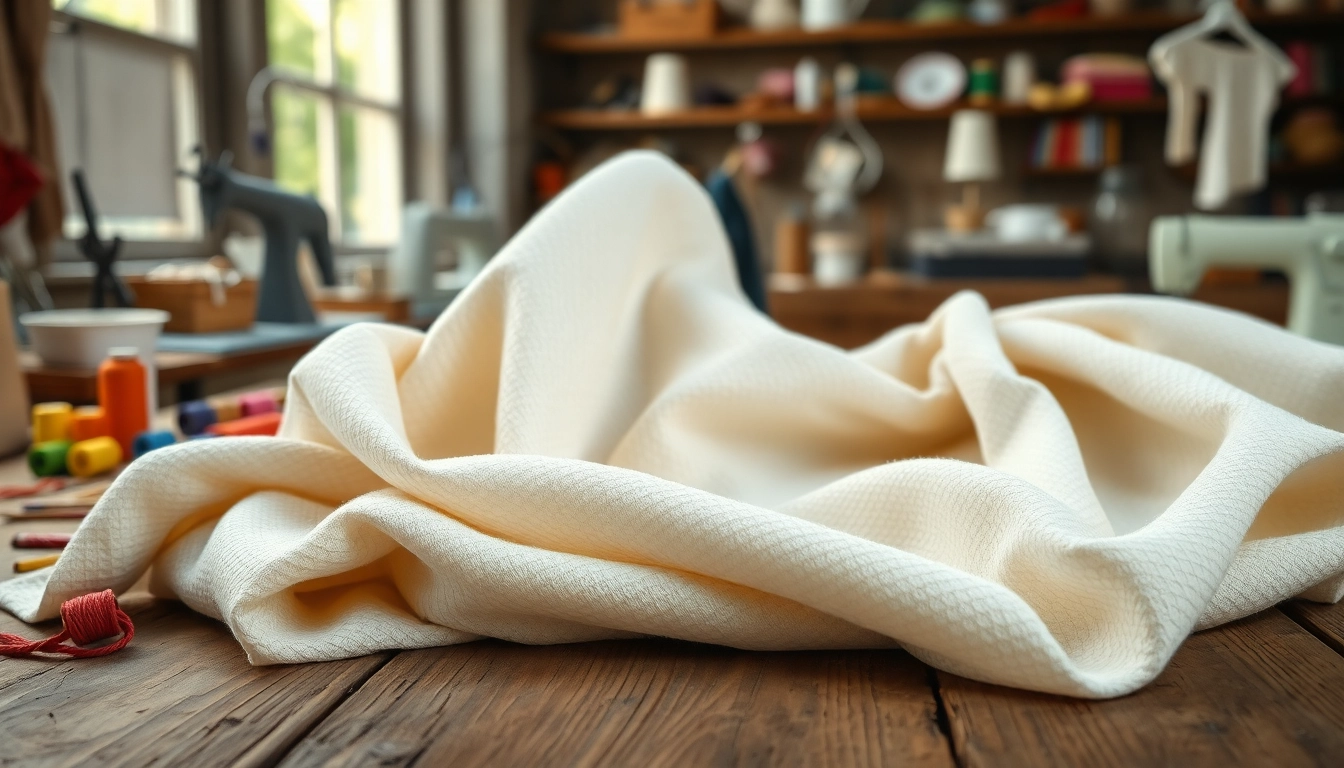 Bekijk zachte stof voor kleding op een rustieke tafel met naaiaccessoires