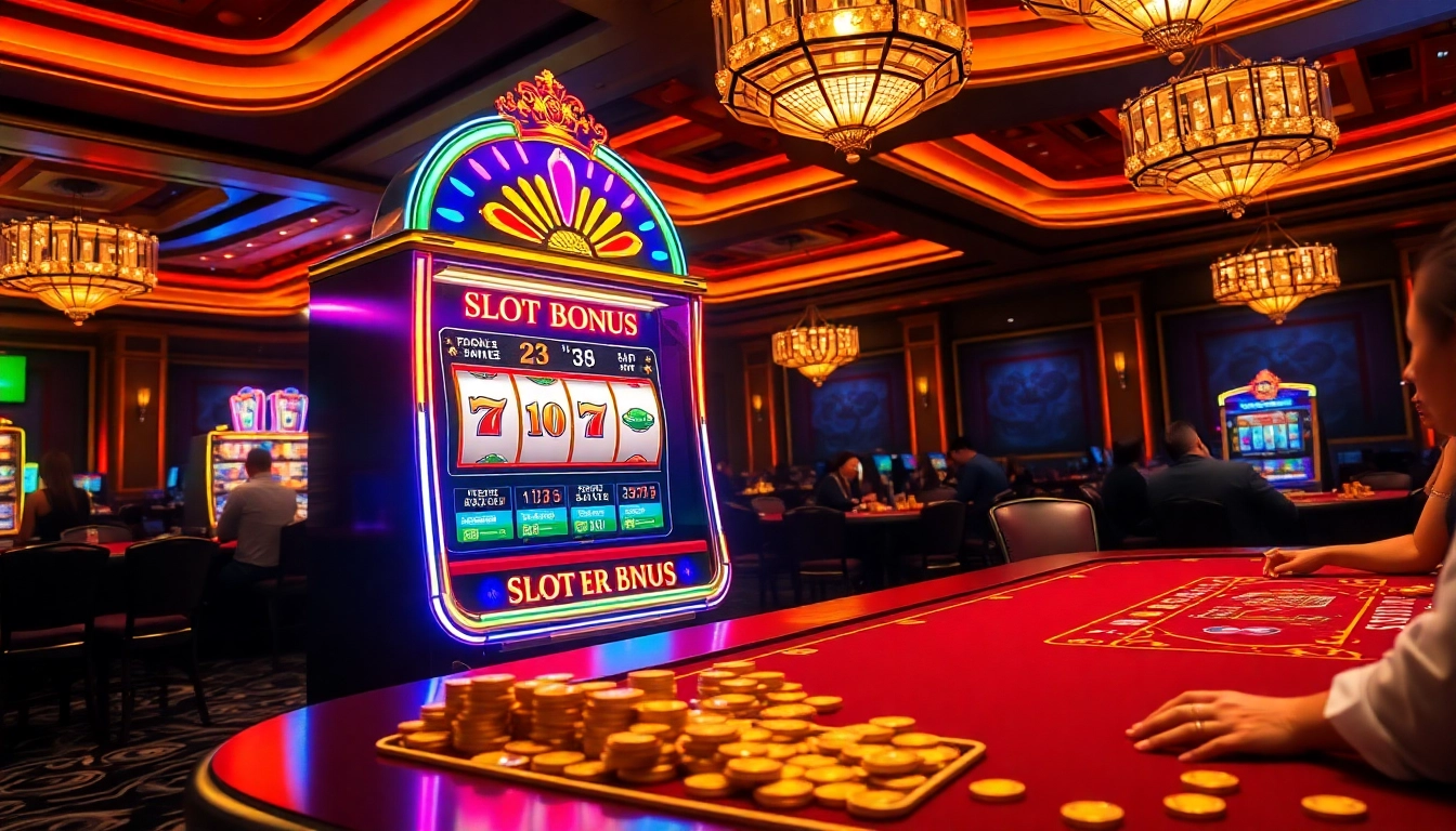 Grafis bonus slot yang menarik ditampilkan pada mesin slot mewah dikelilingi elemen kasino.