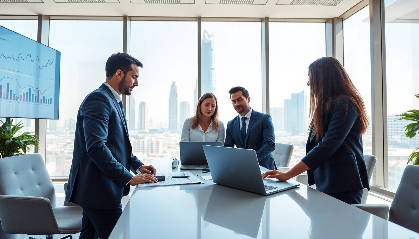 Accounting Services in Dubai showcased in a modern office with professionals collaborating over financial documents.