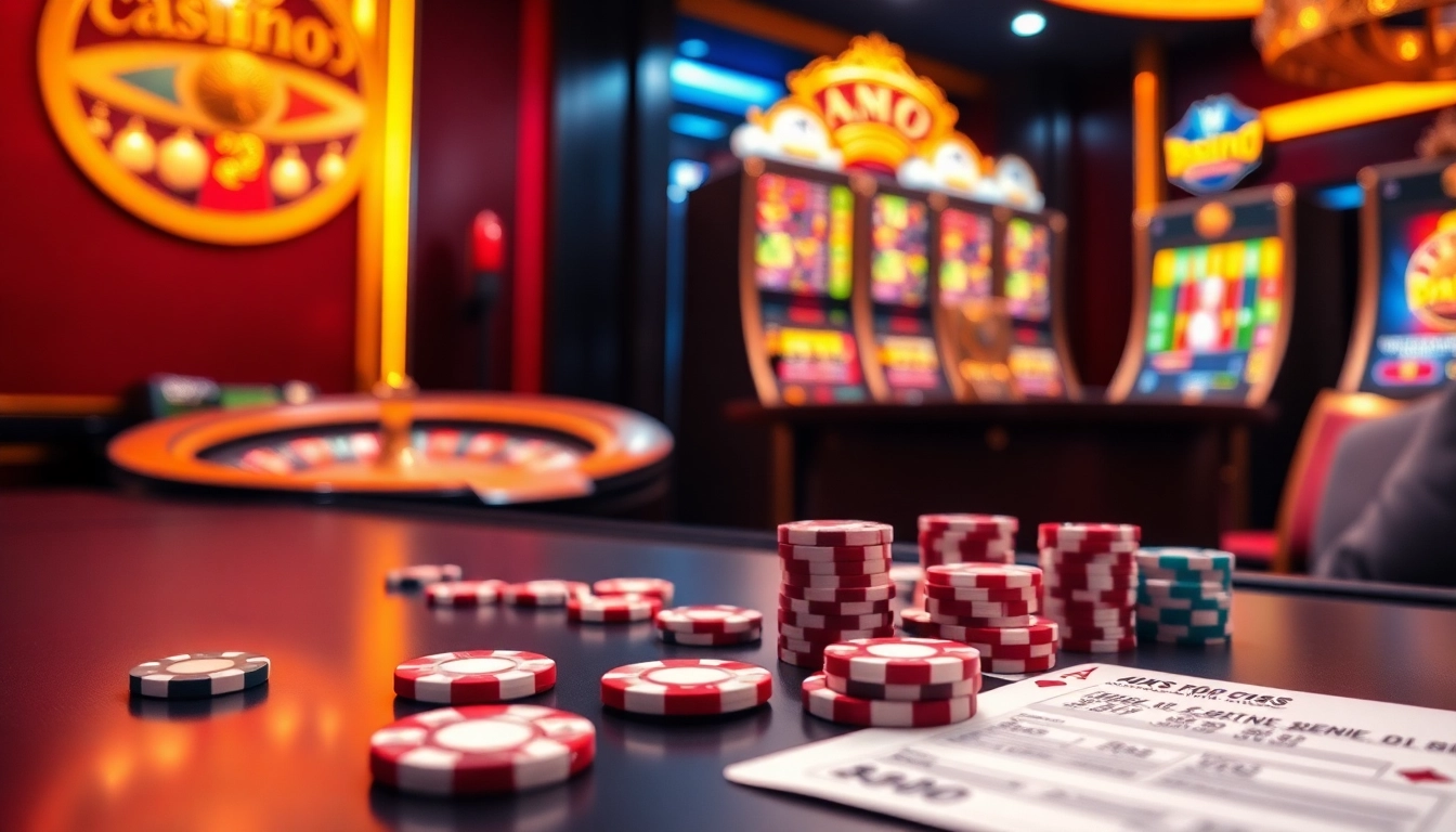 Atmosphère excitante de casino en ligne français avec roulette, machines à sous et jetons de poker.