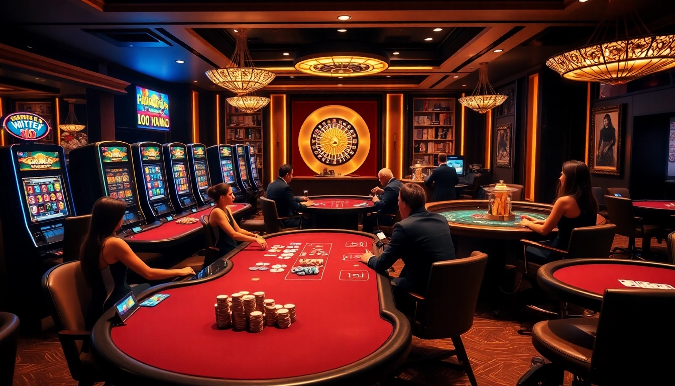 Scène de casino en ligne fiable avec des tables de poker et une roue de roulette dégageant excitation et luxe.