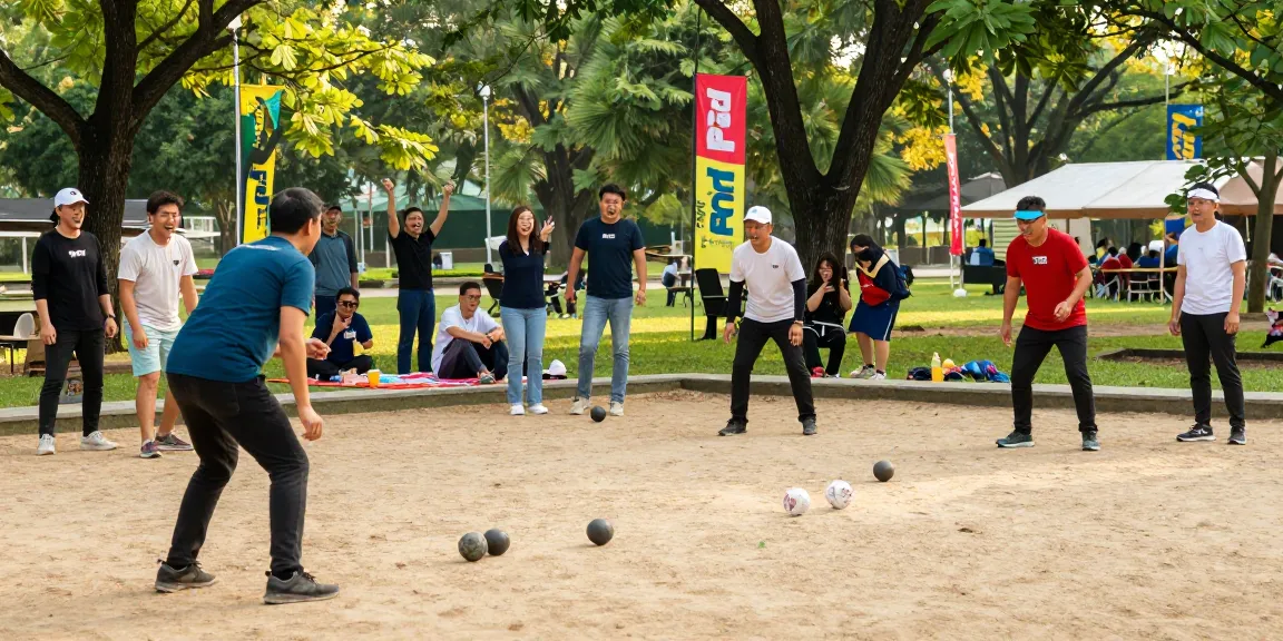 Aktivitas permainan petanque di fopikotabontang.org, suasana ceria di taman yang ramai.