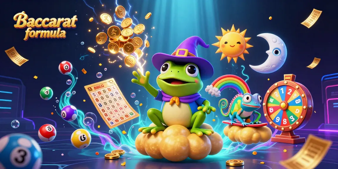 Engage with Baccarat formula strategies in a vibrant casino scene featuring a wizard frog and chameleon.