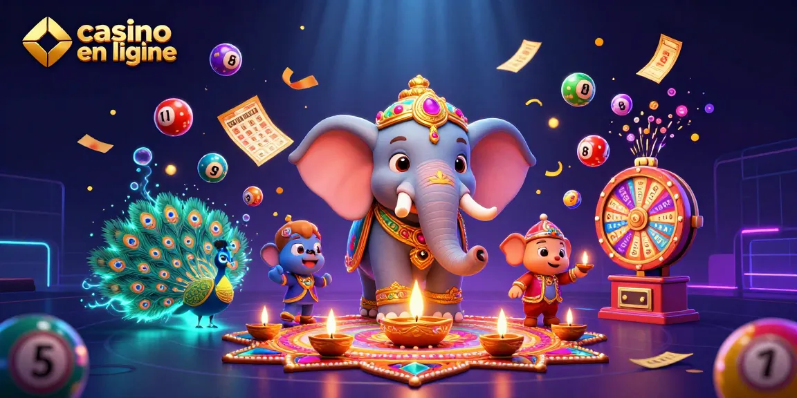 Jouez à des jeux de casino en ligne avec l'éléphant coloré et des éléments de loterie ludique.