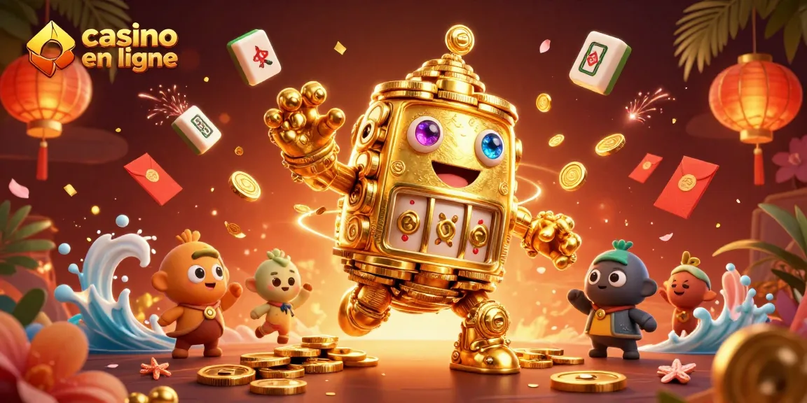 Jouez au casino en ligne avec un golem d'or vibrant parmi des symboles porte-bonheur.